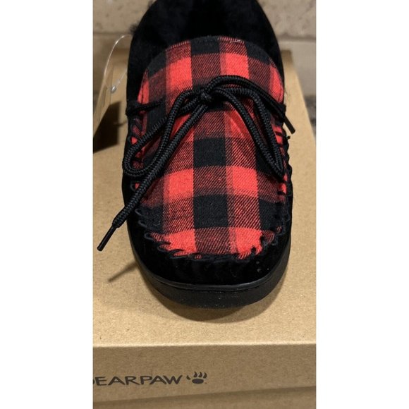 New BEARPAW Men Moc II Black Multi Red Plaid Slip On Slipper Shearling Lined 9 - Picture 9 of 10